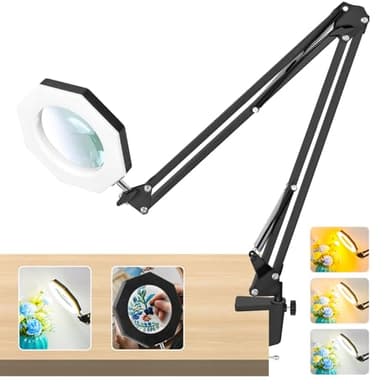 10X Magnifying Glass with Light and Clamp, KIRKAS Octagon LED Magnifying Lamp, 3 Color Modes and Stepless Dimmable, Hands Free Lighted Magnifier Glass Lens for Crafts, Repair, Close Work - Black - Image 1