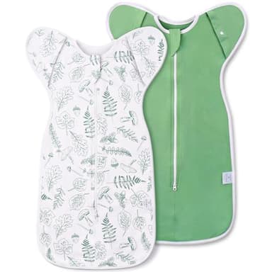 ANYEDDE 2-Pack Baby Transitional Swaddle Sleep Sack - Arms Up Swaddle 3-6 Months for Infants with Cuff Removable Design & 2-Way Zipper, Green Leaves Newborn Sack - Image 1