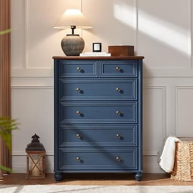 RWYHG Farmhouse 6 Drawer Dresser, 15.75" D x 31.5" W x 43.5" H Chest of Drawers for Bedroom, Blue Tall Dresser with 4 Solid Wood Feet, Wood Storage Dressers Organizer for Living Room Hallway Closet - Image 6