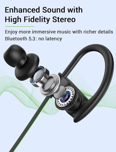 Stiive Bluetooth Headphones, 5.3 Wireless Sports Earbuds IPX7 Waterproof with Mic, Stereo Sweatproof in-Ear Earphones, Noise Cancelling Headsets for Gym Running Workout, 16 Hours Playtime - GreenBlack - Image 3