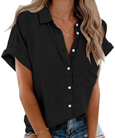 Beautife Womens Short Sleeve Shirts V Neck Collared Button Down Shirt Tops with Pockets Black - Image 1