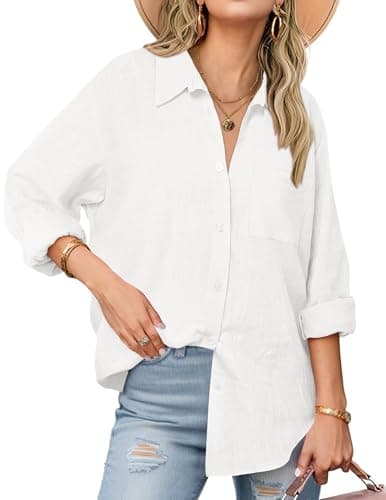 Zeagoo Casual Linen Shirts for Women Summer Long Sleeve Trendy V-Neck Button Down Tops Lady Cotton Beach Shirt Fashion White - Image 1