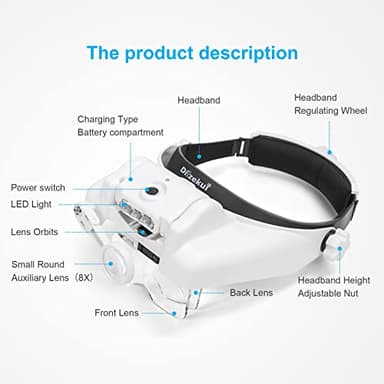 Dilzekui Headband Magnifying Glass with Light, Rechargeable Head Magnifying Glasses 1X to 14X, Magnifier Headset with 6 Detachable Lens, Hands Free Head Mount Magnifier for Close Work Jewelry Crafts - Image 4