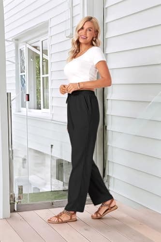TOPYOGAS Womens High Waist Drawstring Stretch Casual Pants Summer Loose Pants Straight Trousers with Pockets Black - Image 3