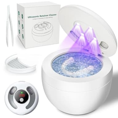 Dental Ultrasonic Retainer Cleaner Machine 45kHz, UV Denture Cleaner with 4 Modes Digital Timer, Portable 200ML UltraSonic Cleaning Pod for Night Mouth Guard, Aligner, Braces, Jewelry and More-White - Image 1
