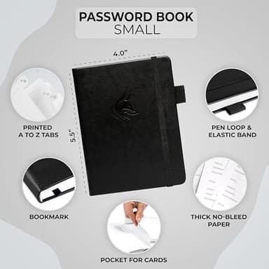 Clever Fox Password Book with alphabetical tabs. Internet Address Organizer Logbook. Small Pocket Password Keeper for Website Logins (Black) - Image 2