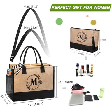 BeeGreen Personalized Gifts for Women Beach Bag Teacher Bag Initial Jute Tote with Zipper Closure Embroidery Large Birthday Gifts for Friends Mother Bride J, Natural and Black - Image 2