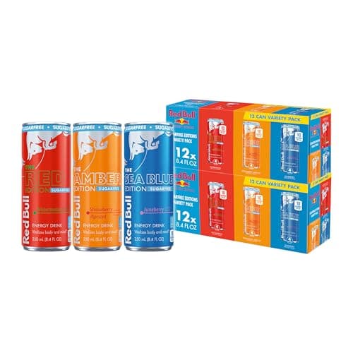 Red Bull Energy Drink Sugar Free Variety Pack, Red, Amber, and Sea Blue, with 80mg Caffeine, Taurine & B Vitamins, 8.4 fl. oz., 2 x 12 pack, 24 Cans Case - Image 1