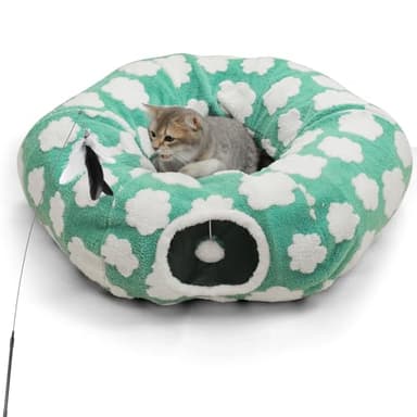 TSEB4TEP Cat Tunnel Bed for Indoor Cats,Soft Peekaboo Cave Cat Donut Tunnel with Washable Circle Cushion Central Mat, 3 Ways Shaped Round Pet Play Tunnel Toy for Kitten Puppy Rabbit Ferret Green - Image 1