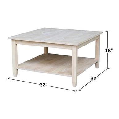 IC International Concepts, Solano Square Coffee Table, Solid Real Wood, Sturdy Parawood, Living Room/Family Room/Entryway, 32"W x 32"D x 18"H with Shelf, Paint/Stain Ready, Unfinished - Image 8