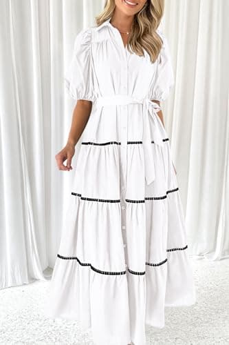 PRETTYGARDEN Women's Summer Button Down Shirt Dress Short Puffy Sleeve Tiered Ruffle Flowy Long Maxi Dresses (White,Medium) - Image 3