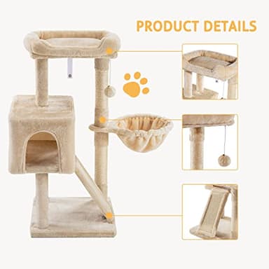 SHA CERLIN Cat Tree 36 Inches Cat Tower with Hammock, Sisal Scratching Post for Indoor Kittens, Small Room, Beige - Image 4