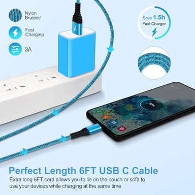 USB C Charger Cable Fast Charging 3 Pack 6ft for iPhone 17 16 15 Pro Max/15 Plus/15 Pro/15, 3.1A Braided Car Cord USB A to USB C Android Phone Power Cord for Samsung Galaxy S24 A54 A14 S23 Ultra S22 - Image 6