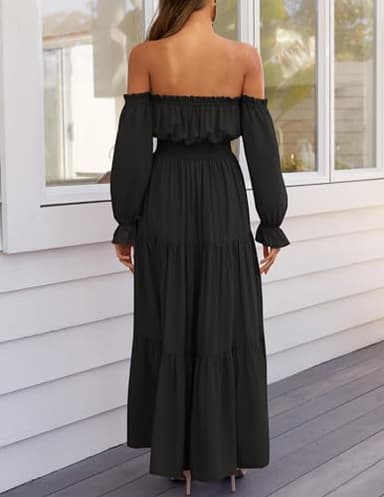 ZESICA Women's 2025 Boho Sexy Off Shoulder Long Sleeve Smocked High Waist Side Split Flowy A Line Tiered Long Maxi Dress,DarkBlack,Medium - Image 4