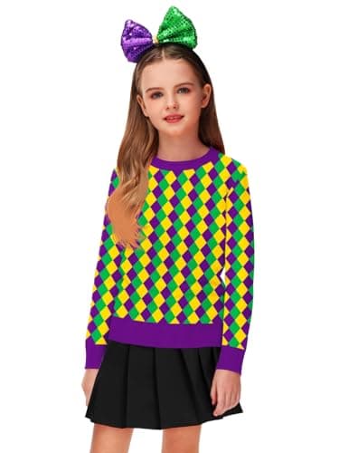 Remimi Kids Mardi Gras Sweatshirt Purple Green Yellow New Orleans Girls Long Sleeve Sweater Tricolor Lattice 7-8 Years - Image 6
