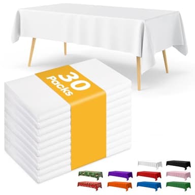Niuara White Plastic Table Cloth - 30 Pack 54" × 108" Rectangle Disposable Tablecloths for 6FT Tables, Waterproof Table Cover for Party, Holiday & Gathering Use - Image 1