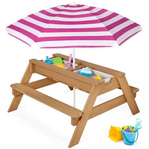 Best Choice Products Kids 3-in-1 Sand & Water Table, Wood Outdoor Convertible Picnic Table w/Umbrella, 2 Trays, Removable Top, 220lb Capacity Per Bench - Natural/Dark Pink - Image 1