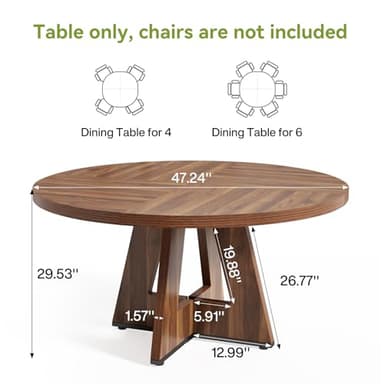 LITTLE TREE Round Dining Table for 4-6 People, 47 Inches Dining Room Table with Wooden Pedestal Base, Brown Dinner Tables, Circle Kitchen Tables for Dining Room, Kitchen, Living Room(Table Only) - Image 3