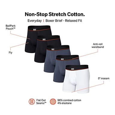 SAXX Underwear Co. Men's Underwear with Pouch Non-Stop Stretch Cotton Boxer Brief Fly 5Pk, Black/Deep Navy/White, Medium - Image 2