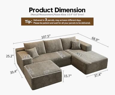107.5"Cloud Modular Sectional Couch with 1 Ottoman,Modern Minimalist Upholstered Couches, Comfort U Shaped Sofa for Living Room,Deep Seat Corner Couch，No Assembly Required (Camel,Right Facing Chaise) - Image 2