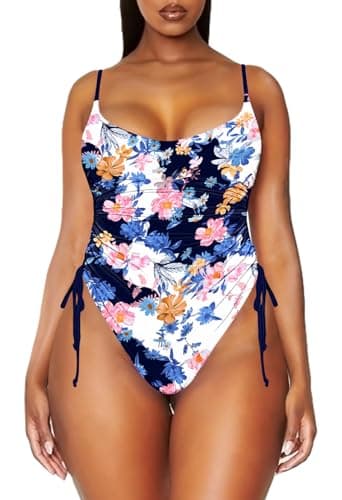 Viottiset Women's Drawstring One Piece Swimsuit Tummy Control High Cut Cheeky Bathing Suit Blue Printed Pattern 2XL - Image 2