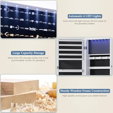 DUMOS 6 LEDs Mirror Jewelry Cabinet, Wall or Door Mounted Jewelry Organizer, 47.2-Inch Tall Lockable Large Capacity Cosmetic Storage, Gift Idea, White - Image 4
