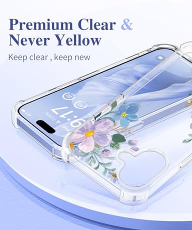 GVIEWIN for iPhone 16 Case, with Screen Protector & Camera Lens Protector, Floral Shockproof Protective Bumper Slim Soft Clear Phone Cover for Women 2024 6.1" (Violet Bloom/Blue) - Image 3