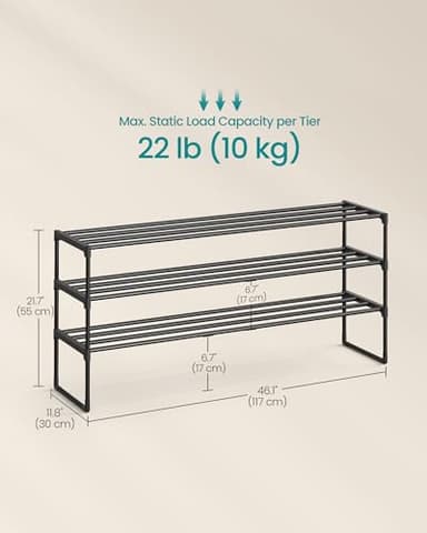 SONGMICS Shoe Rack, 3-Tier Shoe Organizer, Metal Storage Shelf, Upright or Upside Down, for 20-24 Pairs, Stackable, for Entryway, 11.8 x 46.1 x 21.7 Inches, Black ULSA033B01 - Image 3