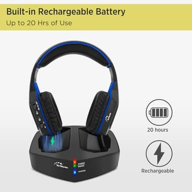 WallarGe Wireless Headphones for TV Watching with RF Transmitter Charging Dock, Plug and Play, 100 Ft Wireless Range, Rechargeable 20 Hour Battery (Black with Blue) - Image 7