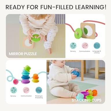 Tiny Land Montessori Toy Set for Babies 7-9 Months Senser Play Kit - 5-in-1 Wooden Learning Toys with Object Permanence Box, Sensory Ball, Stacking Cups and Mirror Puzzle,Body Board Book - Image 5