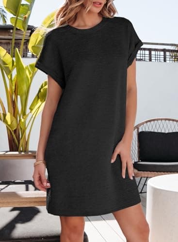 EVALESS Cute Dresses for Women Spring Summer Dress 2025 Fashion Short Sleeve Mini Dress Crewneck Vacation Tshirt Dresses with Pockets Black X-Large - Image 3