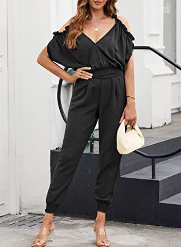 Dokotoo Jumpsuit for Womens Dressy Casual 2025 Wrap V Neck Formal One Piece Cruise Outfits Long Romper Elastic Waist Cold Shoulder with Pockets Outfits for Summer,Black Large - Image 2