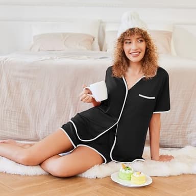 Ekouaer Pajamas Set for Women Short Sleeve Casual Sleepwear Button Down Pj Sets Shorts Soft Loungewear for Summer Black,L - Image 2