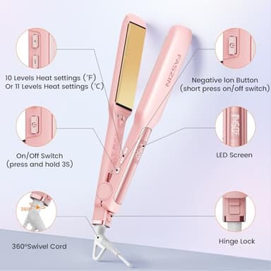 Faszin Professional Hair Straightener, 1.65inch Wide-Plate, Titanium Negative Ion Flat Iron, 30s Rapid Heating, LED Temp Display, Wide Voltage & 10 Adjustable Temp Levels (260-450℉) - Pink - Image 7