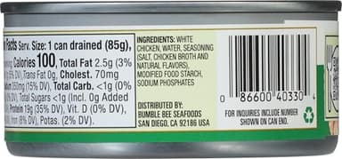 Bumble Bee Premium White Chicken, Chunk in Water, 5 oz Can (Pack of 24)- 13g Protein per Serving - Gluten Free, Keto Friendly - Image 3