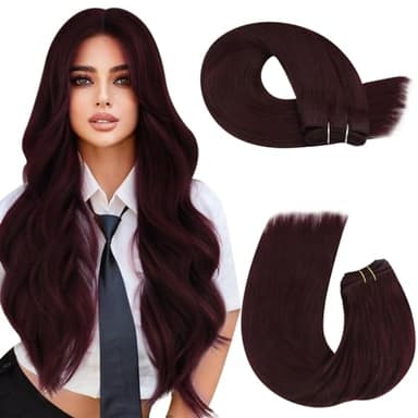 Moresoo Sew in Hair Extensions Real Human Hair Burgundy Weft Hair Extensions Wine Red Double Weft Remy Hair Wefts Human Hair Sew in Extensions Red Wine #99J 100g 24inch - Image 1