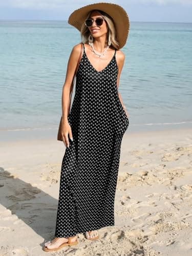 Poetsky Summer Dresses for Women Casual V Neck Spaghetti Strap Long Dresses Black Print M - Image 3