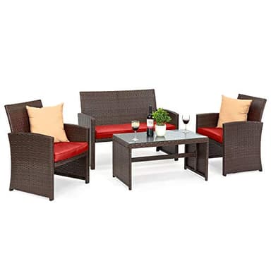 Best Choice Products 4-Piece Outdoor Wicker Patio Conversation Furniture Set for Backyard w/Coffee Table, Seat Cushions - Brown/Red - Image 1