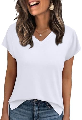 WIHOLL Womens Tops Cap Sleeve Basic Summer T Shirts V Neck Flowy Loose Fit Casual Business Work 2025 Spring Clothes Trendy Travel Holiday Outfits Plain Tee Blouses Dressy White M - Image 1