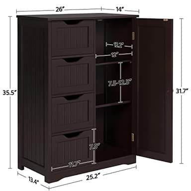 Yaheetech Large Bathroom Floor Cabinet with 4 Drawers and Single Door Cabinet, Freestanding Storage Cabinet for Living Room Kitchen Hallway, Espresso - Image 3