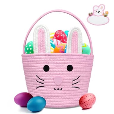 Brbecon Easter Bunny Basket for Kids with Name Tag, Pink Small Woven Easter Basket for Girls, Easter Egg Hunt Baskets Bags Easter Gifts Basket for Girls Baby Kids Children 9.8 x 7.8 x 7.8" - Image 8