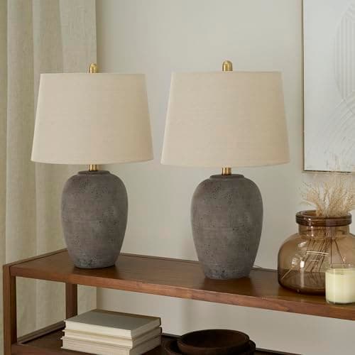 Nourison Home 23" Rustic Brown (Gray Undertones) Ceramic Pot Table Lamp for Bedroom, Living Room, Dining Office, Beige Shade, Set of 2 - Image 1