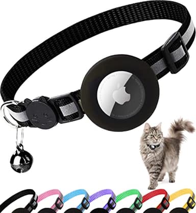 Dgerp Airtag Cat Collar Breakaway, Reflective Kitten Collar with Apple Air Tag Holder and Bell for Girl Boy Cats, 0.4 Inches in Width and Lightweight(Black) - Image 1