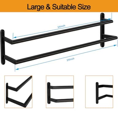 JIAPAIDUO Double Towel Bar, 24Inch Towel Rack for Bathroom, Stainless Steel Double Bath Towel Bar, Wall Mounted Towel Holder, Double Towel Rod Towel Rail Hanger for Wall, Kitchen (Matte Black) - Image 6