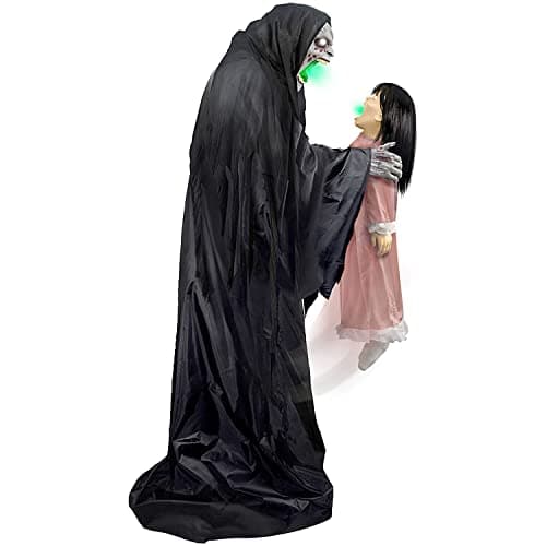 Haunted Hill Farm Soul Sucker Demon Reaper with Child by Tekky, Motion-Activated Talking Halloween Animatronic for Creepy Indoor or Covered Outdoor Halloween Decorations, Plug-in or Battery Operated - Image 1