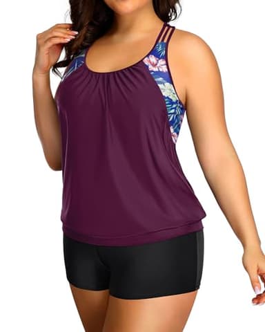 Holipick Purple Floral Plus Size Tankini Swimsuit for Women Two Piece Tummy Control Bathing Suit Blouson Racerback Tankini Top with Shorts 20W - Image 5