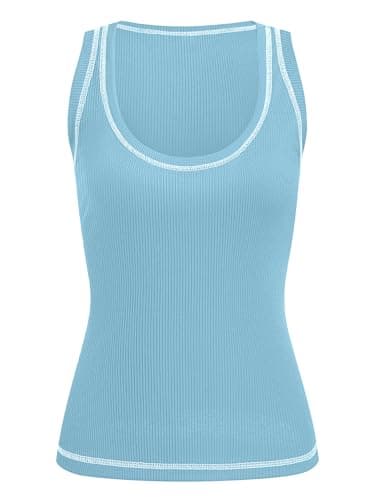 GKBK Women Ribbed Tank Top Sleeveless Casual Crew Neck Long Tank Fitted Strap Slim Basic Cami Tops Light Blue L - Image 2