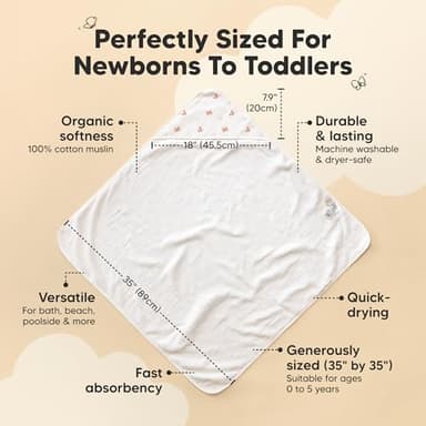 KeaBabies Muslin Baby Bath Towels with Hood for Girls, Boys - Large Organic Cotton Hooded Baby Towels for Newborns, Toddlers, Infant, Kids, Soft Absorbent Newborn Bath Essentials Gift Set (Monarch) - Image 3