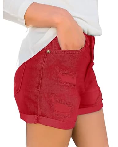 Luvamia Women's Ripped High Waisted Denim Shorts - Stretchy Cuffed Hem Jean Shorts in Red, Size Large/12/14 - Image 3