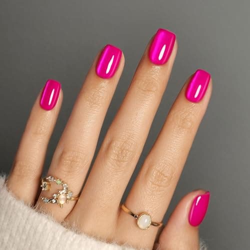 SHANGMENG Soft Gel Hot Pink Press on Nails Short - Cat Eye Press on Nails Square for Women Gift, Natural Fit & Glossy Stick on Nails with Glue in 16 Sizes - 32 Reusable Fake Nails, Hot Pink - Image 1